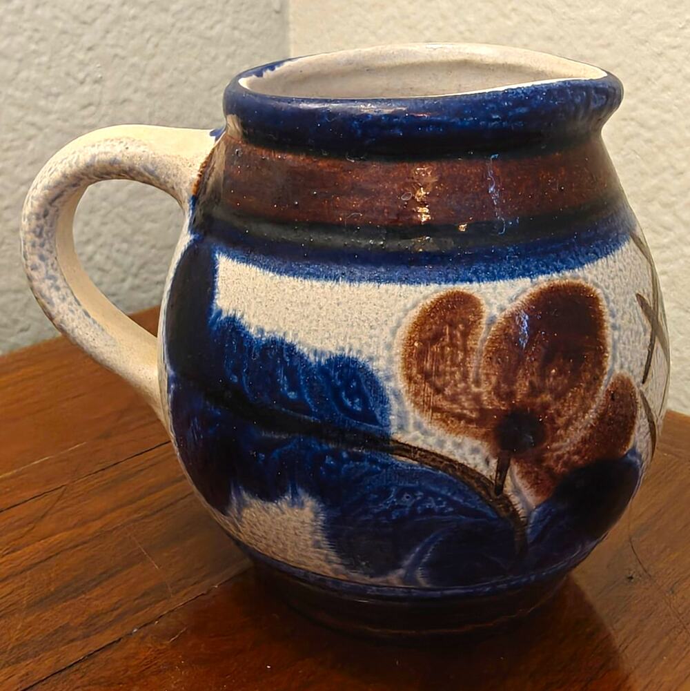 Vintage 1970's W. German Blue White Brown Floral Art Pottery Ceramic Pitcher